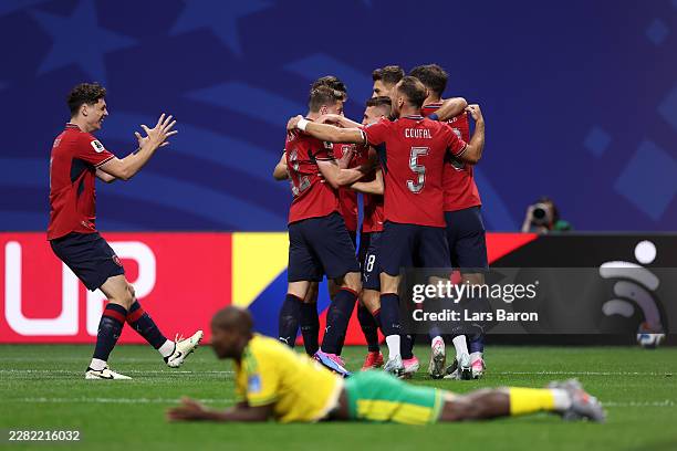 Michal Sadilek of Czechia celebrates with teammates after scoring the team's first goal during the FIFA World Cup 2026 Group A match between Czechia...