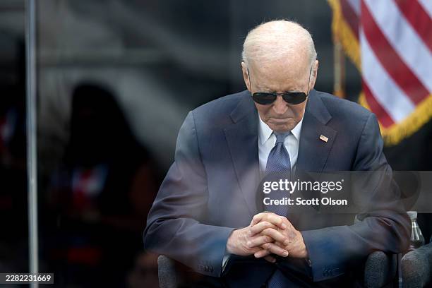 Former U.S. President Joe Biden attends the dedication ceremony for the opening of the Barack Obama Presidential Center in John Lewis Plaza on June...