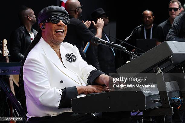 Stevie Wonder performs during the dedication ceremony for the opening of the Barack Obama Presidential Center in John Lewis Plaza on June 18, 2026 in...