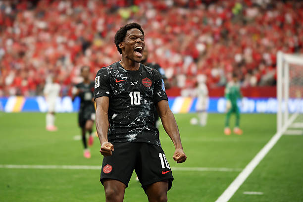 Jonathan David of Canada celebrates scoring his team's second goal during the FIFA World Cup 2026 Group B match between Canada and Qatar at BC Place...