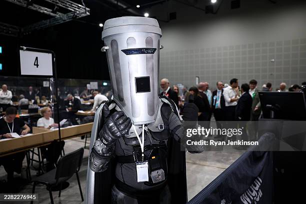 Count Binface with the Count Binface Party speaks to the media where votes were being counted at The Edge on June 18, 2026 in Wigan, England. Local...