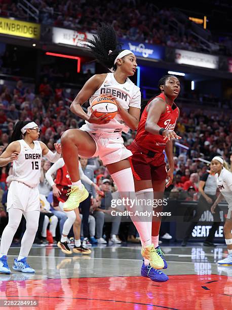 Angel Reese of the Atlanta Dream grabs a rebound against the Indiana Fever at Gainbridge Fieldhouse on June 18, 2026 in Indianapolis, Indiana. NOTE...