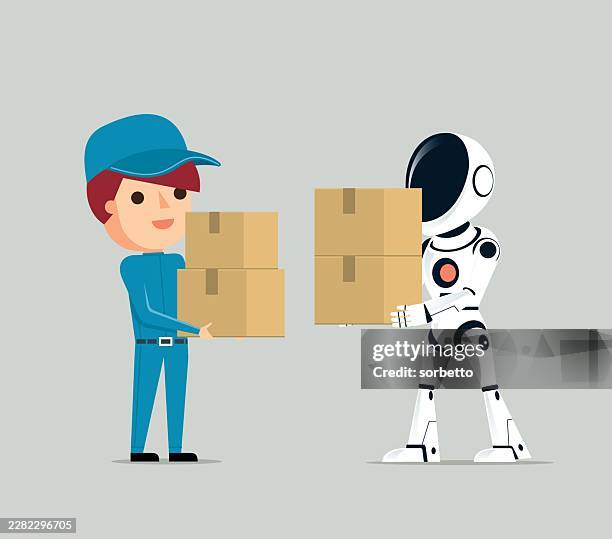 cooperation - warehouse - warehouse robots stock illustrations