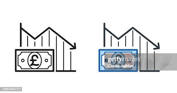 declining graph with pound banknote. icons for design - editable stroke icon - pound notes falling stock illustrations