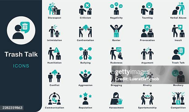 trash talk solid icons collection.containing trash, talk, insult, mockery, provocation, aggression, bragging, rudeness, bullying, harassment, taunting, criticism, conflict, rivalry, negativity, banter - humiliation stock illustrations