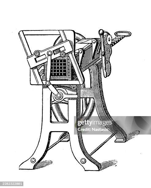 vintage industrial engraving of a mechanical meat dicing machine - half ham stock illustrations