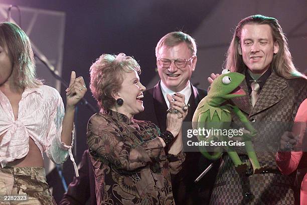 Maria Elena Holly, Ralph Peer, Kermit the Frog and puppeteer performing at the Song Writers Hall of Fame Awards at the New York Sheraton Hotel and...