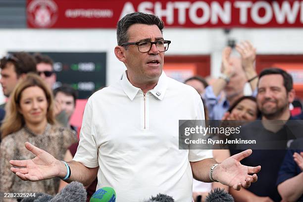 Manchester Mayor Andy Burnham speaks as he celebrates his victory in yesterday's Makerfield by-election, at Ashton Town Football Club, on June 19,...