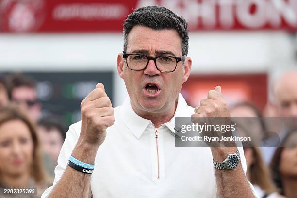 Manchester Mayor Andy Burnham speaks as he celebrates his victory in yesterday's Makerfield by-election, at Ashton Town Football Club, on June 19,...