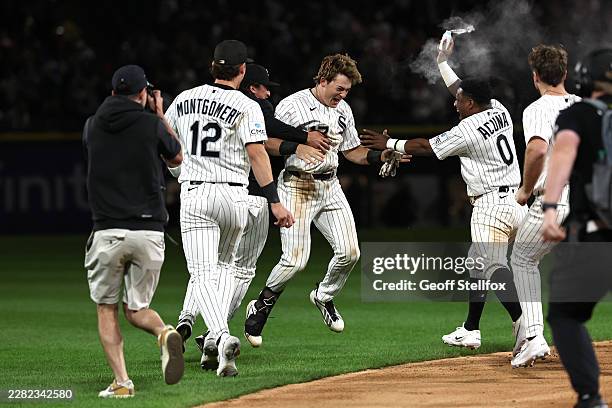 Sam Antonacci of the Chicago White Sox celebrates his walk-off hit against the Cleveland Guardians in the ninth inning at Rate Field on June 22, 2026...