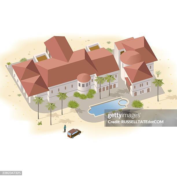 luxury adobe desert residence isometric architectural visualization - green interior design stock illustrations