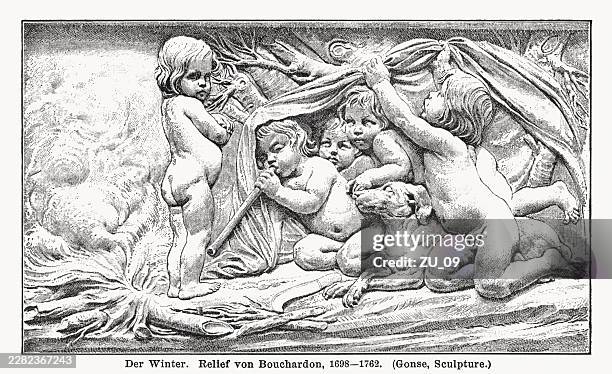 the winter, sculpted by bouchardon, paris, halftone print, published 1898 - cherub statue stock illustrations
