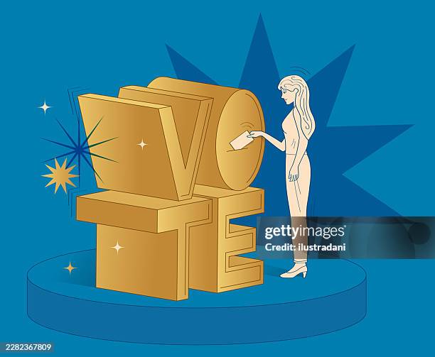 young woman voting on isometric stage on blue background - polling station women stock illustrations