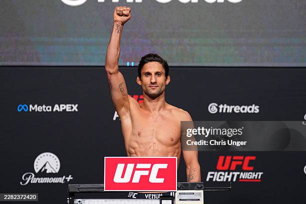 Allan Nascimento of Brazil poses on the scale during the UFC Fight Night official weigh-ins at Meta APEX on June 19, 2026 in Las Vegas, Nevada.