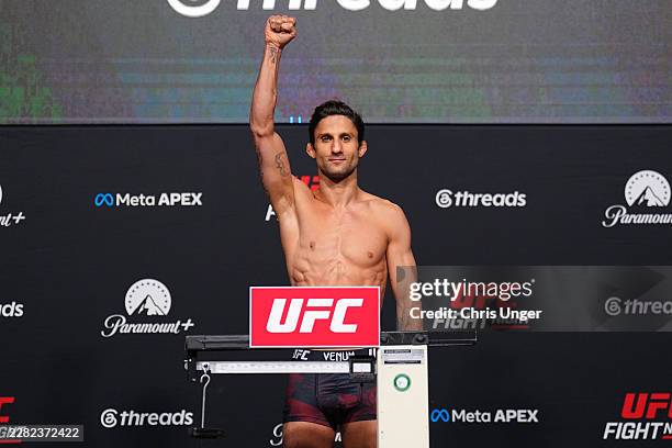 Allan Nascimento of Brazil poses on the scale during the UFC Fight Night official weigh-ins at Meta APEX on June 19, 2026 in Las Vegas, Nevada.