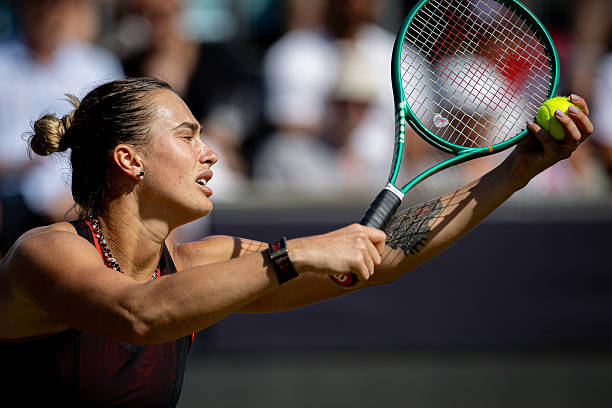 Aryna Sabalenka of Belarus in action during the women's singles match against Nikola Bartunkova of the Czech Republic during day five of the Berlin...