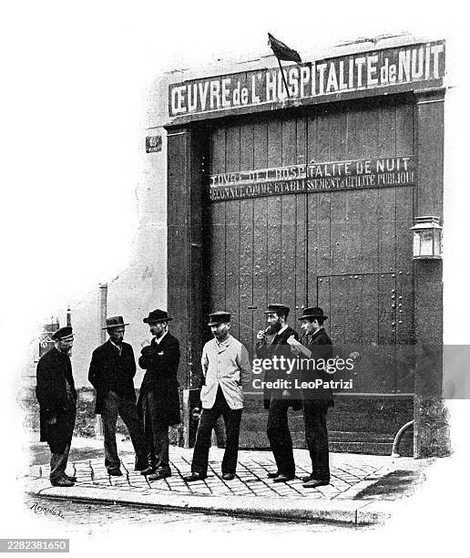 group of men gathering in the evening outside a charitable night shelter facility in paris france - gates foundation stock illustrations