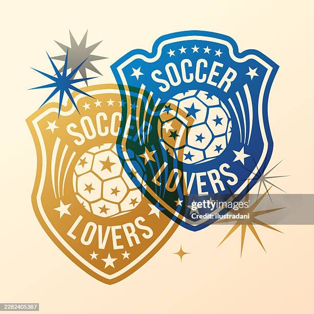 two soccer lovers elegant celebration shield in color overlay - silver supporter stock illustrations