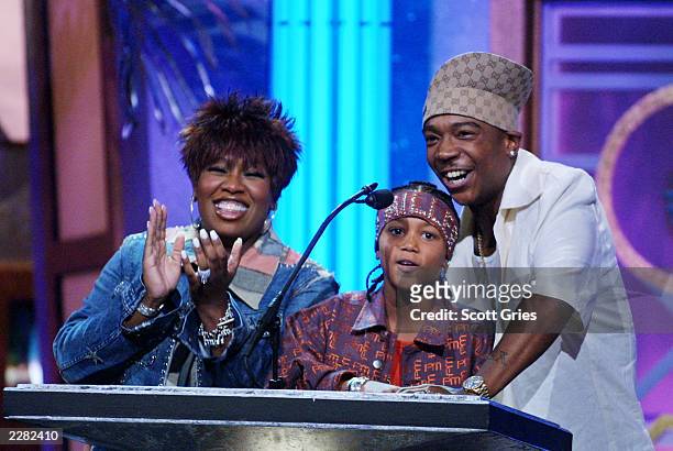 Missy Elliott, Lil' Romeo, and Ja Rule on stage at The Source Hip-Hop Music Awards 2001 at the Jackie Gleason Theater in Miami Beach, Florida....
