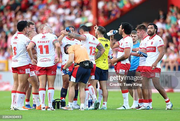 Players of Hull Kingston Rovers take a drink break during the Betfred Super League match between Hull KR and Leigh Leopards at Craven Park Stadium on...