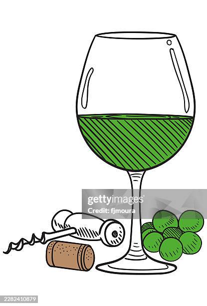 wine glass with corkscrew and grapes - vineyard worker stock illustrations