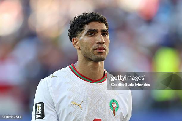 Achraf Hakimi of Morocco looks on during the FIFA World Cup 2026 Group C match between Scotland and Morocco at Boston Stadium on June 19, 2026 in...