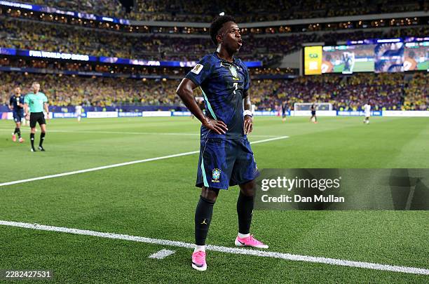 Vinicius Junior of Brazil celebrates scoring his team's third goal during the FIFA World Cup 2026 Group C match between Brazil and Haiti at...