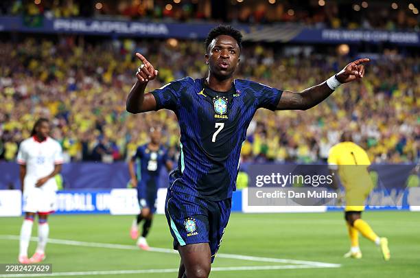 Vinicius Junior of Brazil celebrates scoring his team's third goal during the FIFA World Cup 2026 Group C match between Brazil and Haiti at...