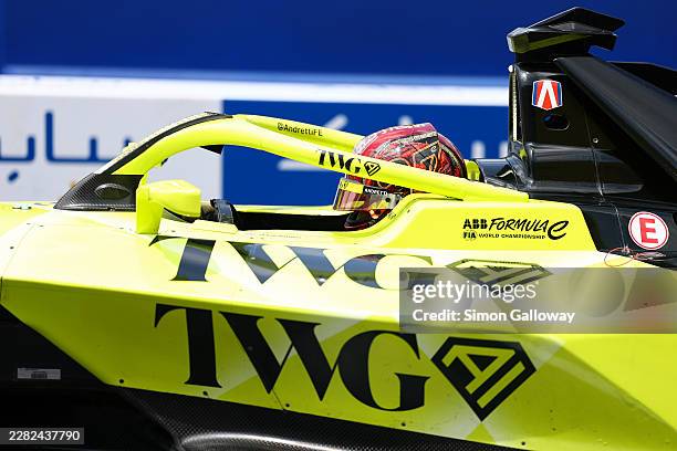 Jake Dennis of Great Britain driving the Andretti Formula E Porsche 99X Electric in the Pitlane during qualifying, ahead of the Sanya E-Prix, Round...