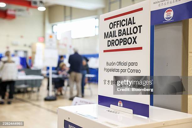 An official mail ballot drop box at a polling location inside PS 234 Independence School during a primary election in New York, US, on Tuesday, June...