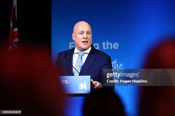Party leader and Prime Minister Christopher Luxon speaks during the National Party 90th Annual Conference at Lower Hutt Event Centre on June 20, 2026...