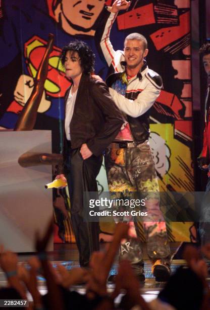 Michael Jackson onstage performing with Justin Timberlake at the 2001 MTV Video Music Awards held at the Metropolitan Opera House at Lincoln Center...
