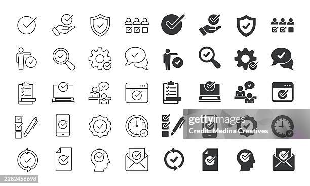 approval icons - line and glyph solid multi series icon collection - receiving certificate stock illustrations