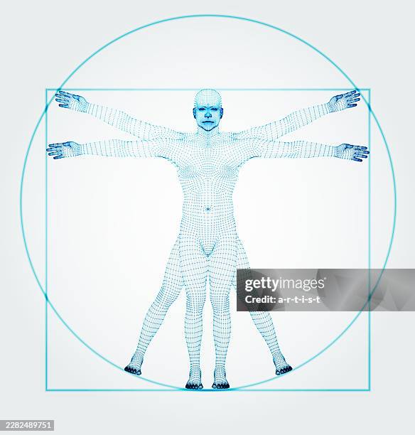 three dimensional vitruvian man. ware mesh from 3d app. - wire frame man stock illustrations