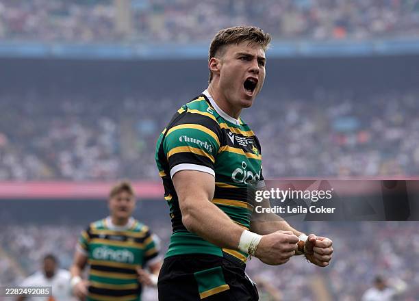 Tommy Freeman of Northampton Saints celebrates after scoring his team's first try during the Gallagher PREM Final match between Northampton Saints...