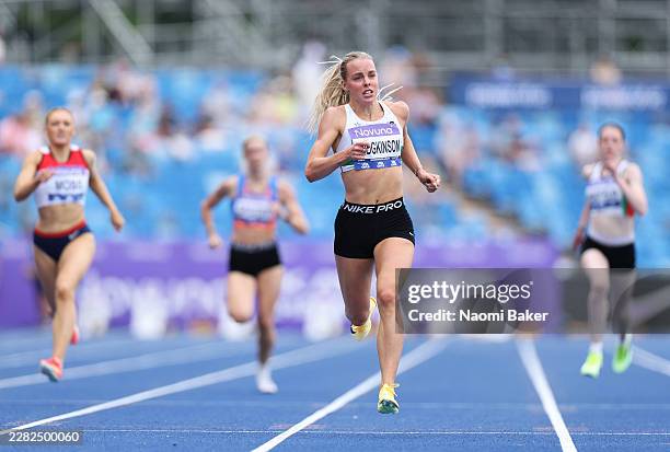 Keely Hodgkinson of Leigh Harriers crosses the finish line during the Women's 400m Heats on day one of the UK Athletics Championships at Alexander...