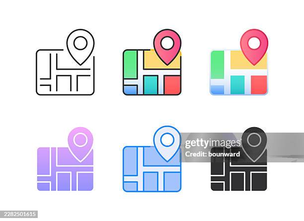 map with map pin icon. 6 different styles. editable stroke. - explore city stock illustrations