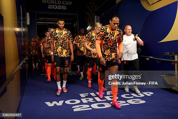 Virgil van Dijk and players of the Netherlands walk out the tunnel for the warm up before the FIFA World Cup 2026 Group F match between Netherlands...