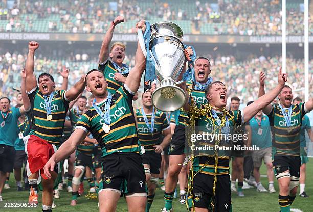 Rory Hutchinson and Fin Smith celebrate with the Trophy after the Gallagher PREM Final match between Northampton Saints and Exeter Chiefs at Allianz...