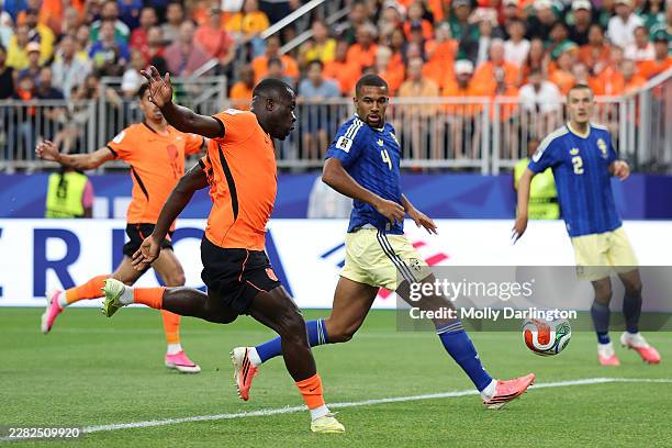 Brian Brobbey of the Netherlands scores his team's first goal during the FIFA World Cup 2026 Group F match between Netherlands and Sweden at Houston...