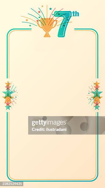 7th birthday party invitation story template with trophy and colorful celebration elements with copy space - risograph stock illustrations