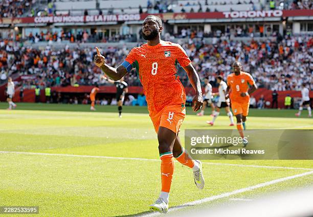 Franck Kessie of Cote d'Ivoire celebrates scoring his team's first goal during the FIFA World Cup 2026 Group E match between Germany and Cote...