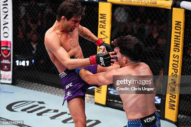 Allan Nascimento of Brazil kicks Mitch Raposo in a flyweight fight during the UFC Fight Night event at Meta APEX on June 20, 2026 in Las Vegas,...