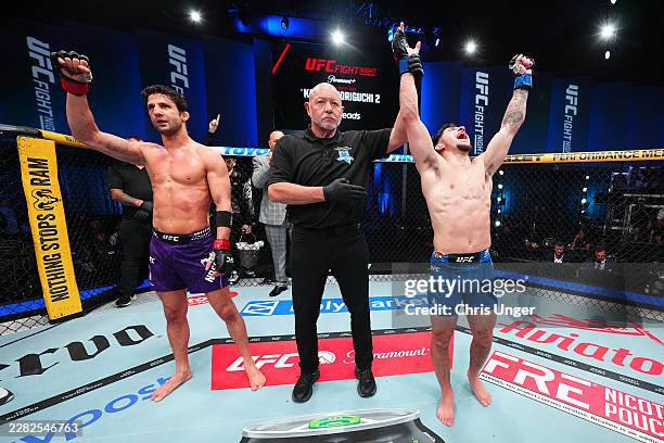 Mitch Raposo reacts after a victory against Allan Nascimento of Brazil in a flyweight fight during the UFC Fight Night event at Meta APEX on June 20,...