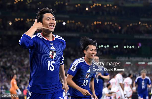 Daichi Kamada of Japan celebrates scoring his team's first goal during the FIFA World Cup 2026 Group F match between Tunisia and Japan at Monterrey...