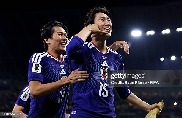 Daichi Kamada of Japan celebrates scoring his team's first goal during the FIFA World Cup 2026 Group F match between Tunisia and Japan at Monterrey...