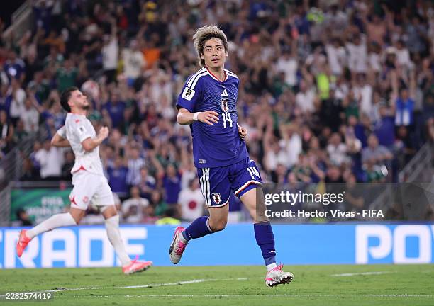 Junya Ito of Japan celebrates scoring his team's third goal during the FIFA World Cup 2026 Group F match between Tunisia and Japan at Monterrey...