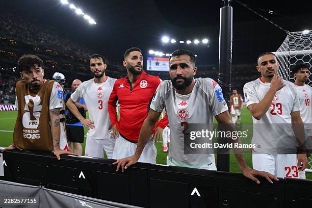 Ali Abdi of Tunisia and teammates applaud fans after the 0-4 loss during the FIFA World Cup 2026 Group F match between Tunisia and Japan at Monterrey...