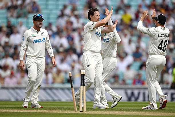Matt Henry of New Zealand celebrates dismissing Matthew Fisher of England during day five of the 2nd Rothesay Test Match between England and New...