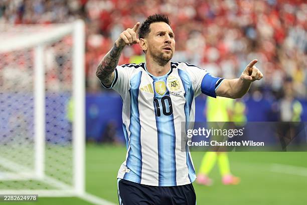 Lionel Messi of Argentina celebrates after scoring his team's first goal during the FIFA World Cup 2026 Group J match between Argentina and Austria...